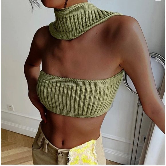 Womens|Knit Halter Crop Top|Large L|Green|Stretch|Sleeveless - Picture 2 of 13